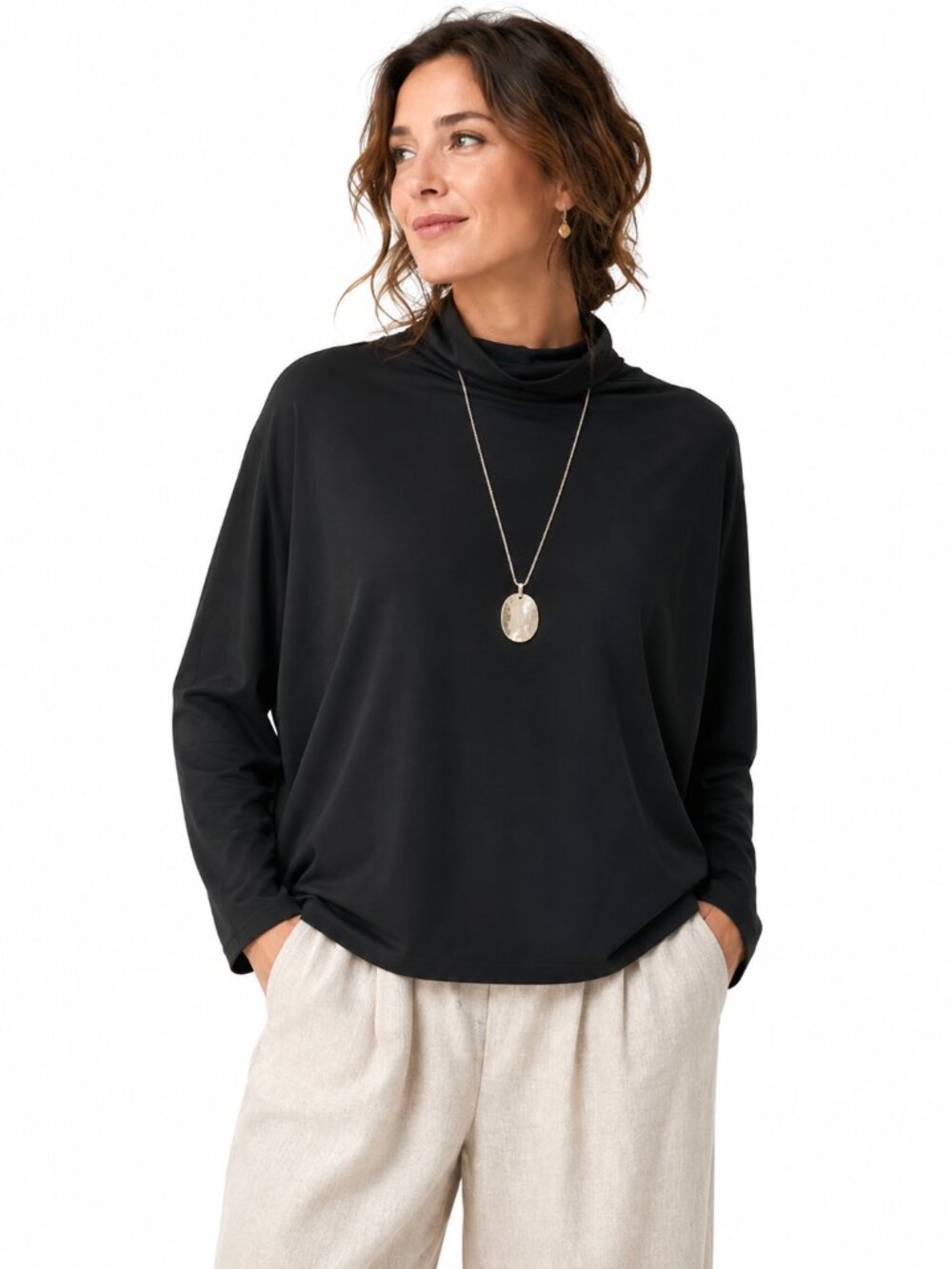 Sympli NWT Women's Funnel Neck Dolman Sleeve Top Black Minimalist Travel Size 12